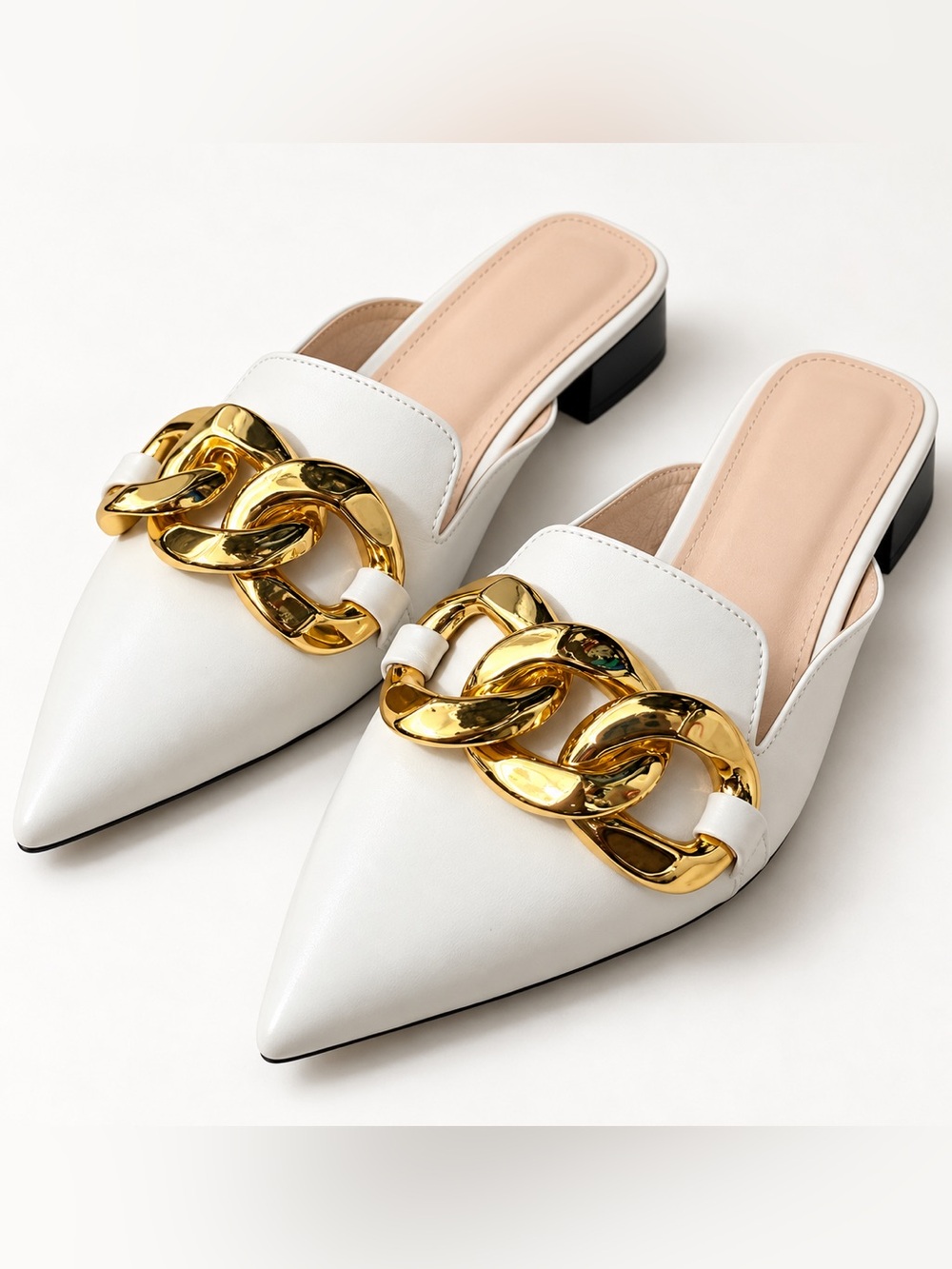 Ivory White / Cream Pointed Toe Mules Gold Chain-Accent Slides Size 9.5